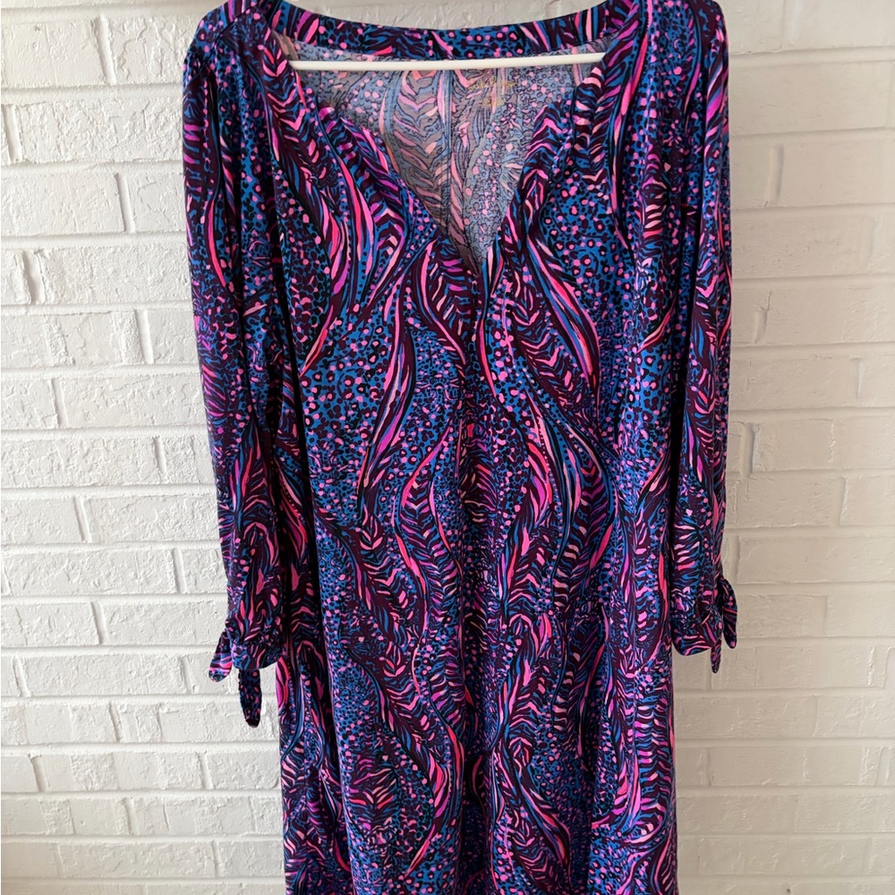 Lilly Pulitzer Navy Blue and Hot Pink Printed V-Neck Dress